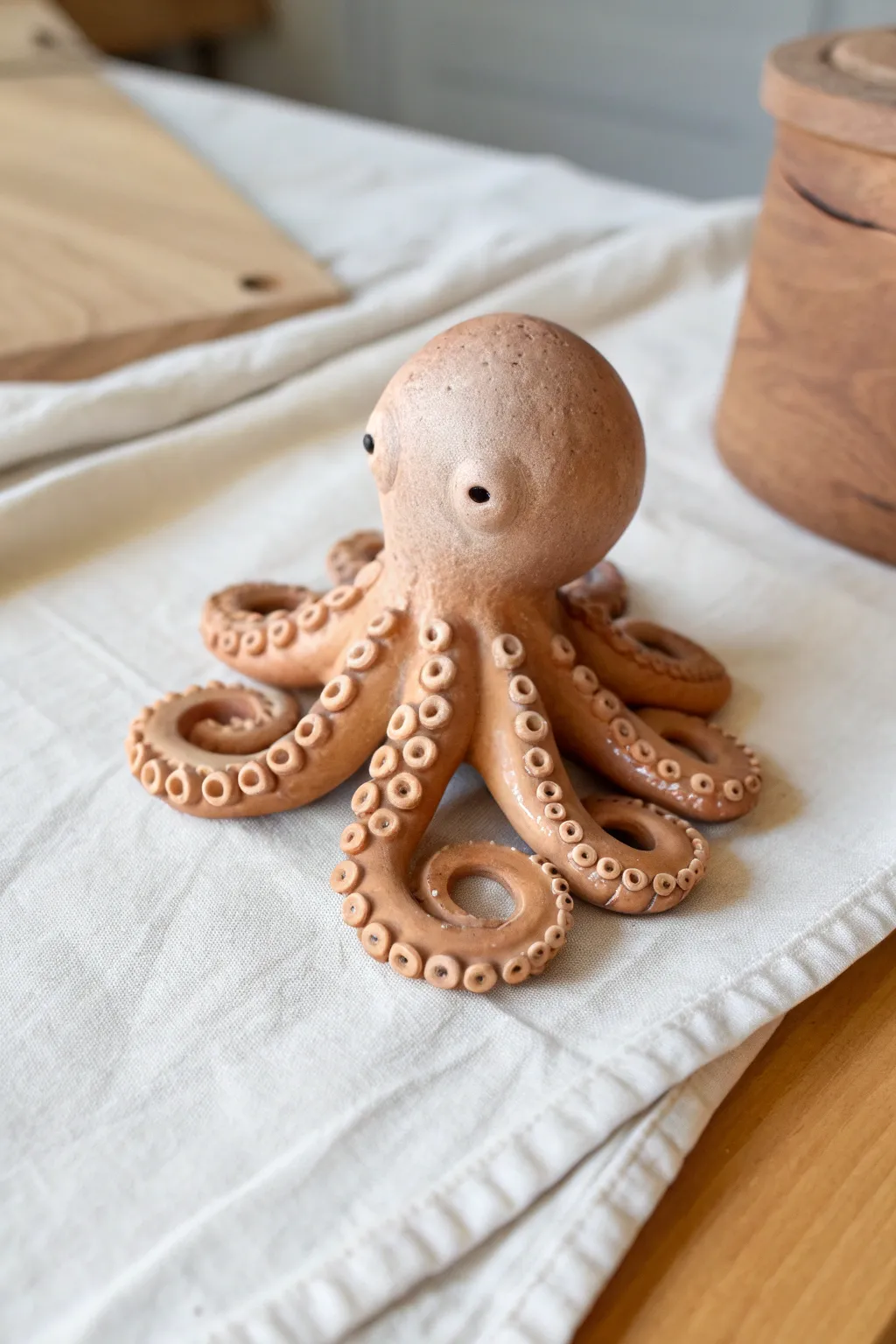 Mini clay octopus with rolled tentacles, simple dotted suction cups, calm Nordic style.