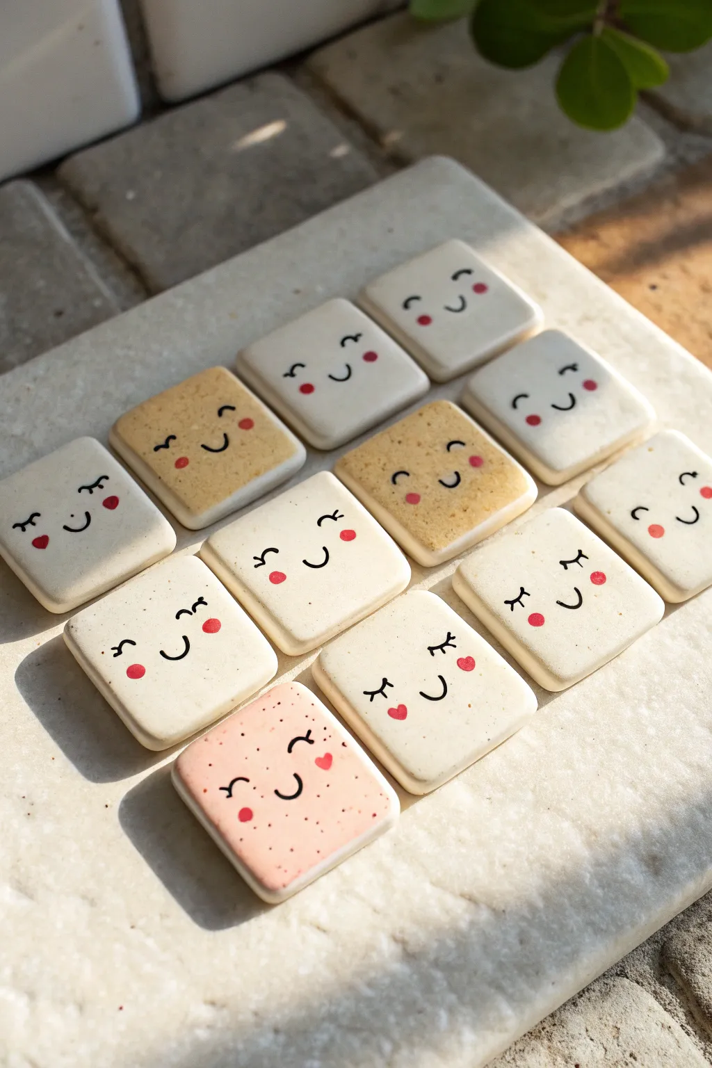 Sweet clay face magnets in a tidy pastel grid, perfect for an easy DIY fridge refresh.