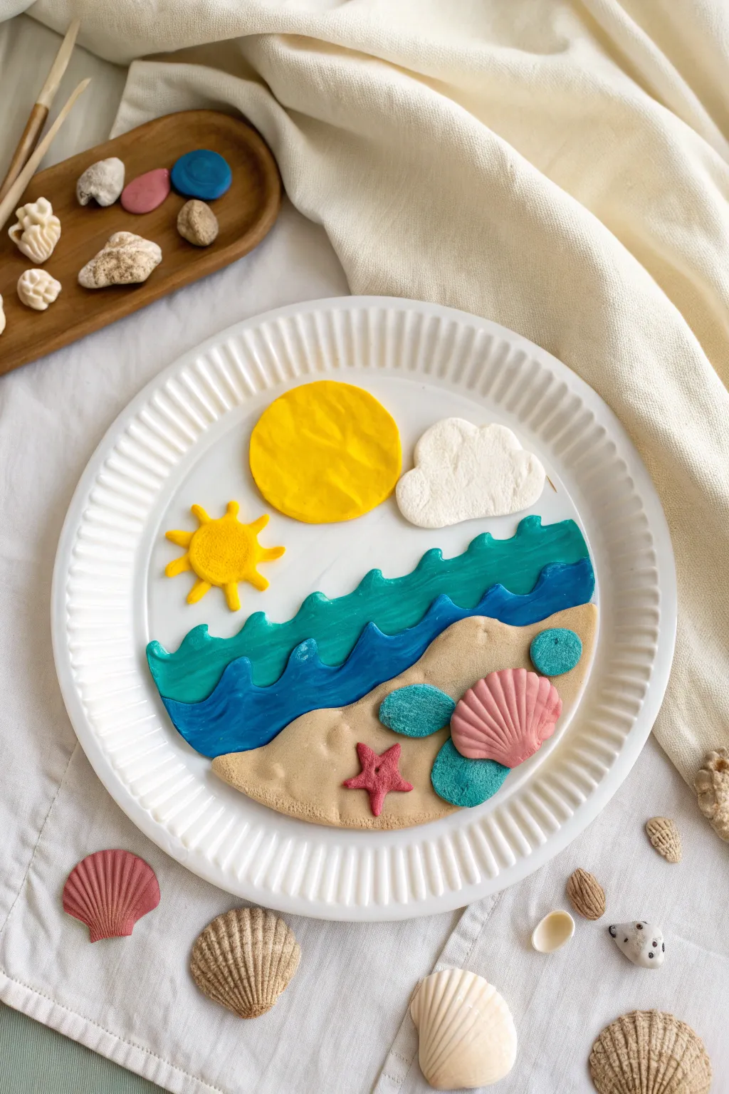 Easy paper plate clay scene with sun, waves, and shells, a colorful kid friendly art idea.