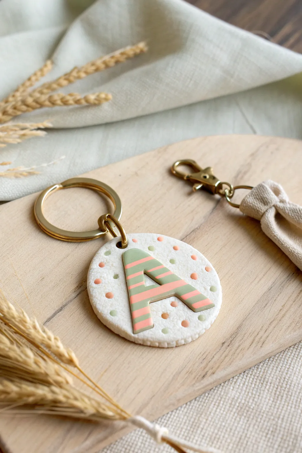 Minimal clay initial bag tag with soft boho colors, a fun kid-friendly charm for backpacks or keys