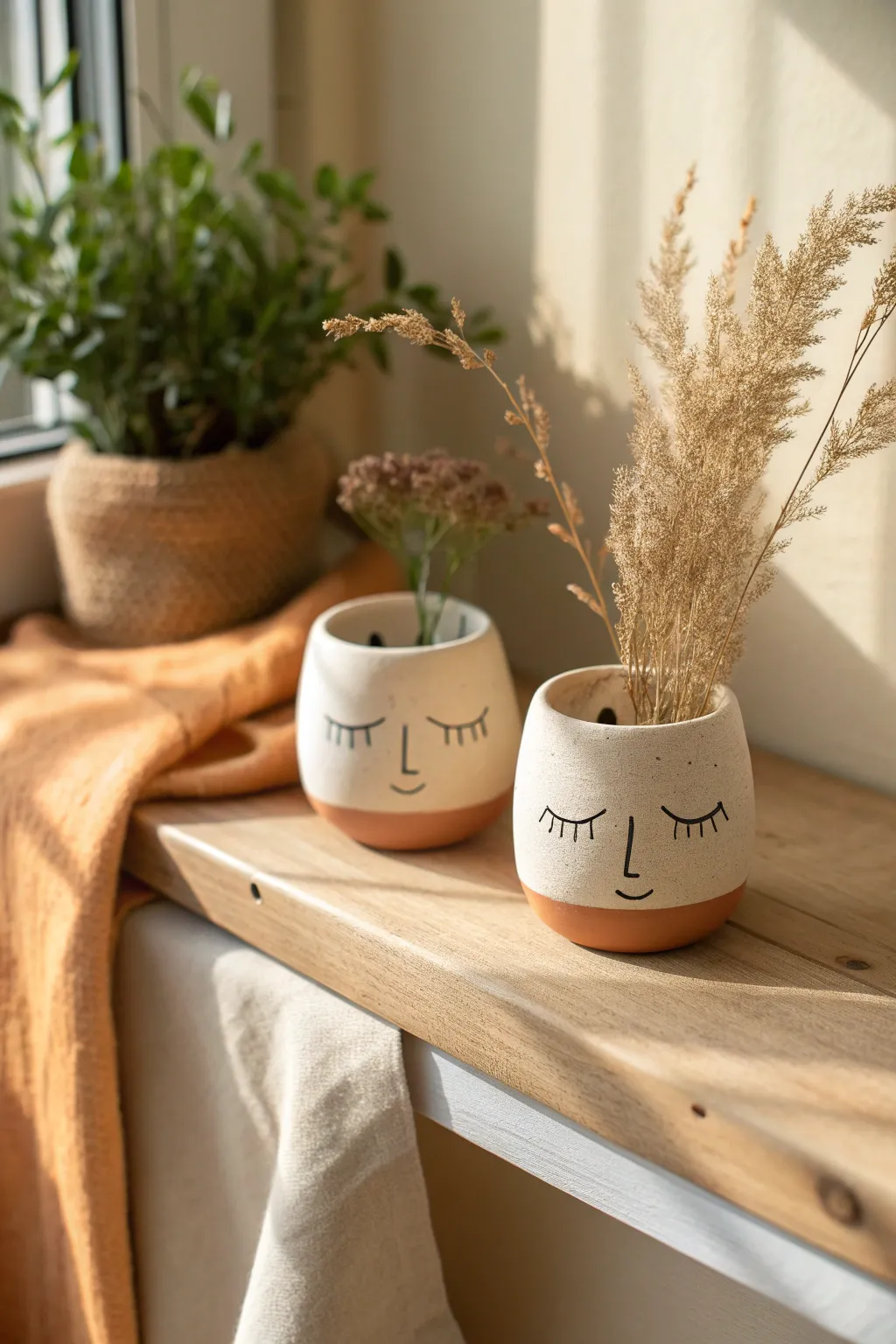 Two handmade face pots with leafy and dried flower hair in soft Scandinavian boho styling