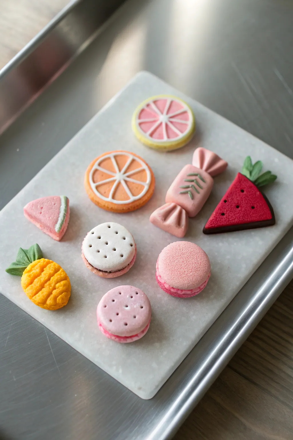 Sweet play-food clay magnets in a tidy grid, minimal Scandinavian styling with cozy boho color.