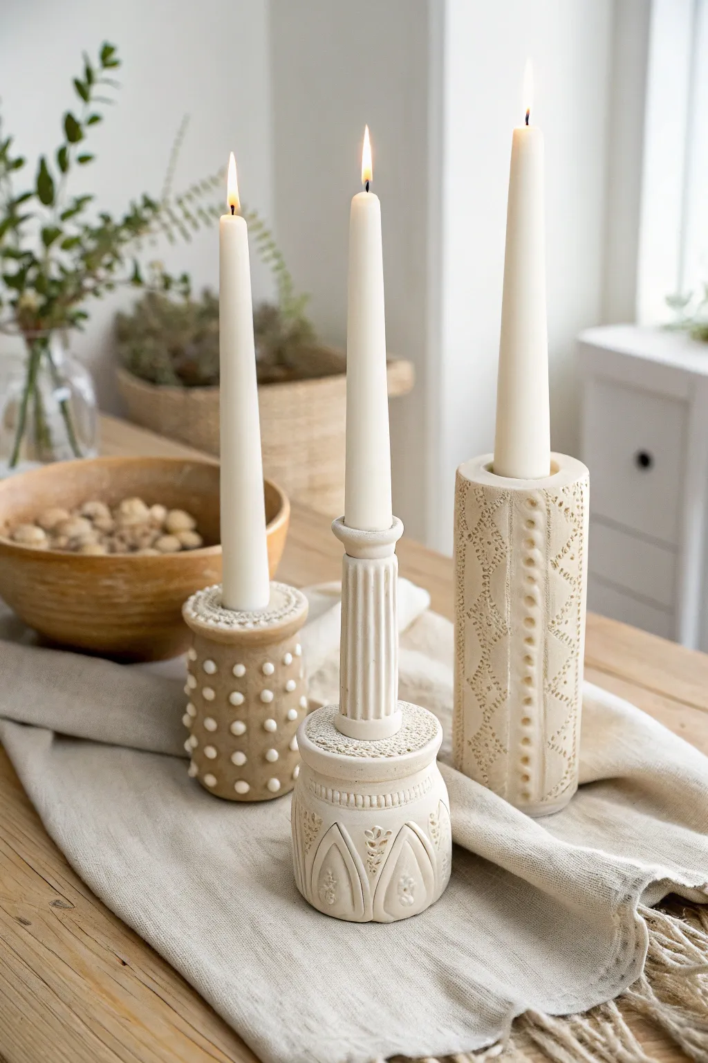 Simple textured clay candle holders trio for cozy Scandinavian-boho vibes, easy DIY inspiration