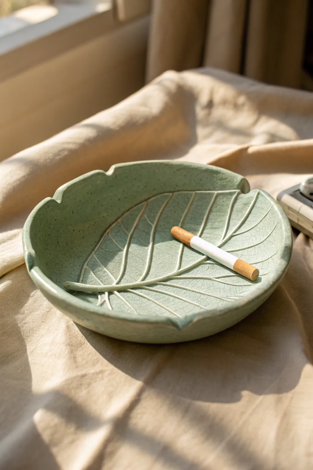 Soft green leaf dish ashtray with carved veins, minimalist cottagecore charm for cozy spaces
