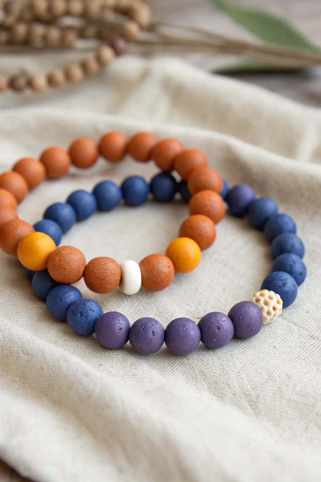 Complementary color pop: blue-orange and purple-yellow clay bead bracelets with white accents.