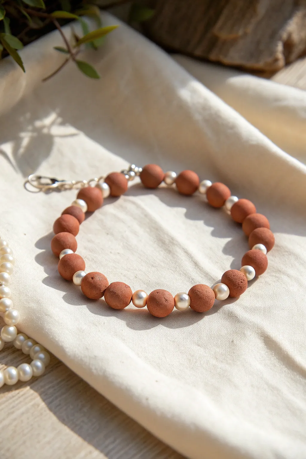 Soft pearl accents meet matte clay beads for an elegant, earthy bracelet with handmade charm