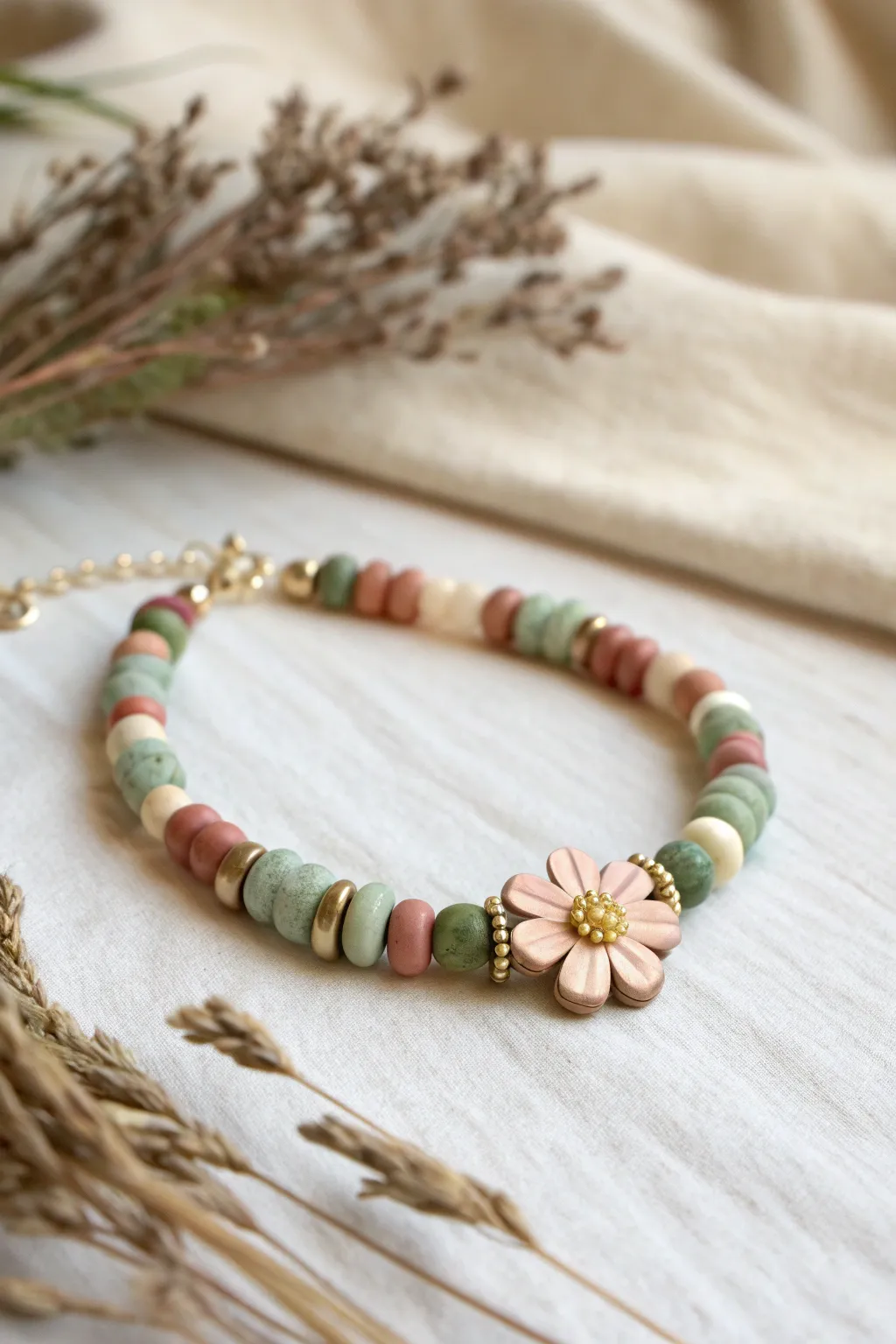 Sage, cream, and dusty rose heishi bracelet with a tiny floral accent on natural linen.