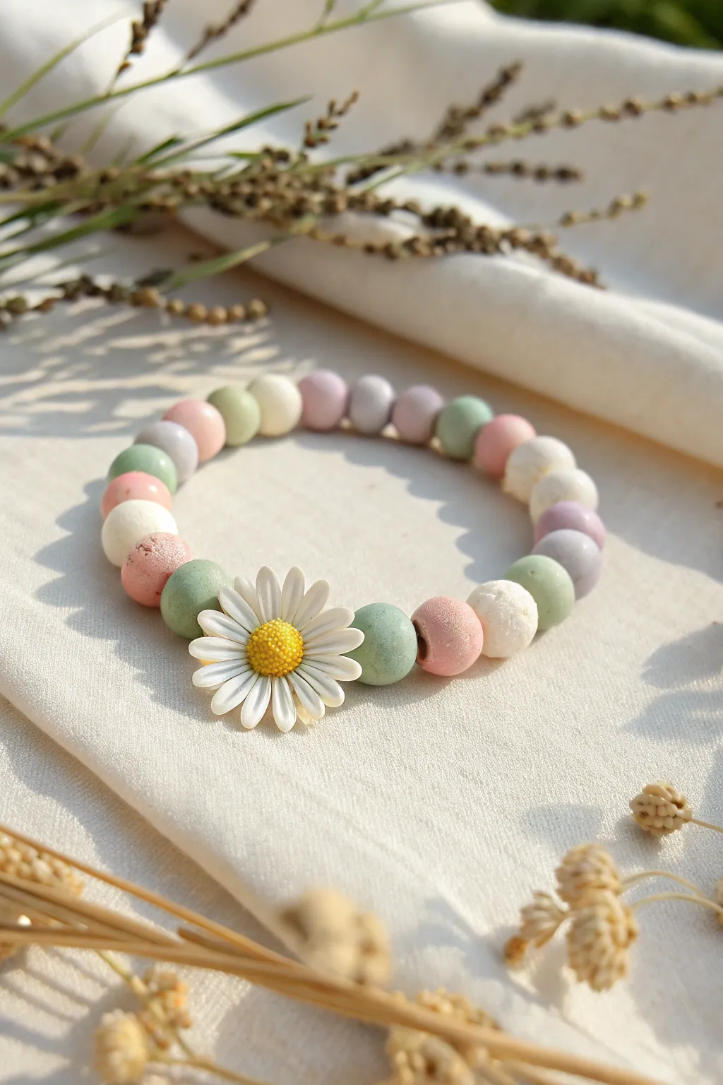 Pastel clay beads with a tiny daisy center for an effortless, airy bracelet aesthetic.
