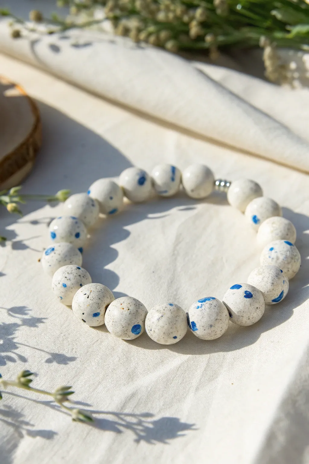 Terrazzo-style blue confetti in white clay beads for a fresh, minimalist blue and white bracelet