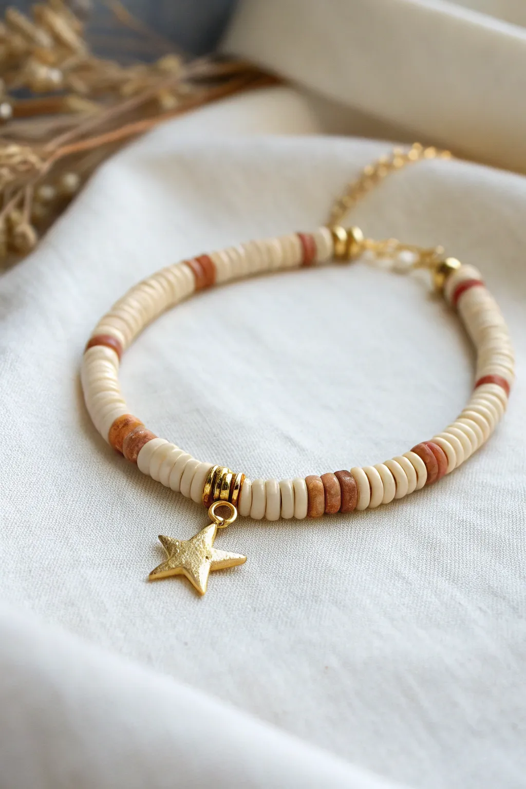 Minimal heishi clay bead bracelet with a single centered charm for an effortless boho focal point