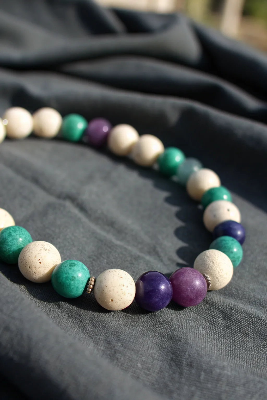 Jewel-tone clay beads paired with creamy neutrals for a rich, minimal bracelet color combo.