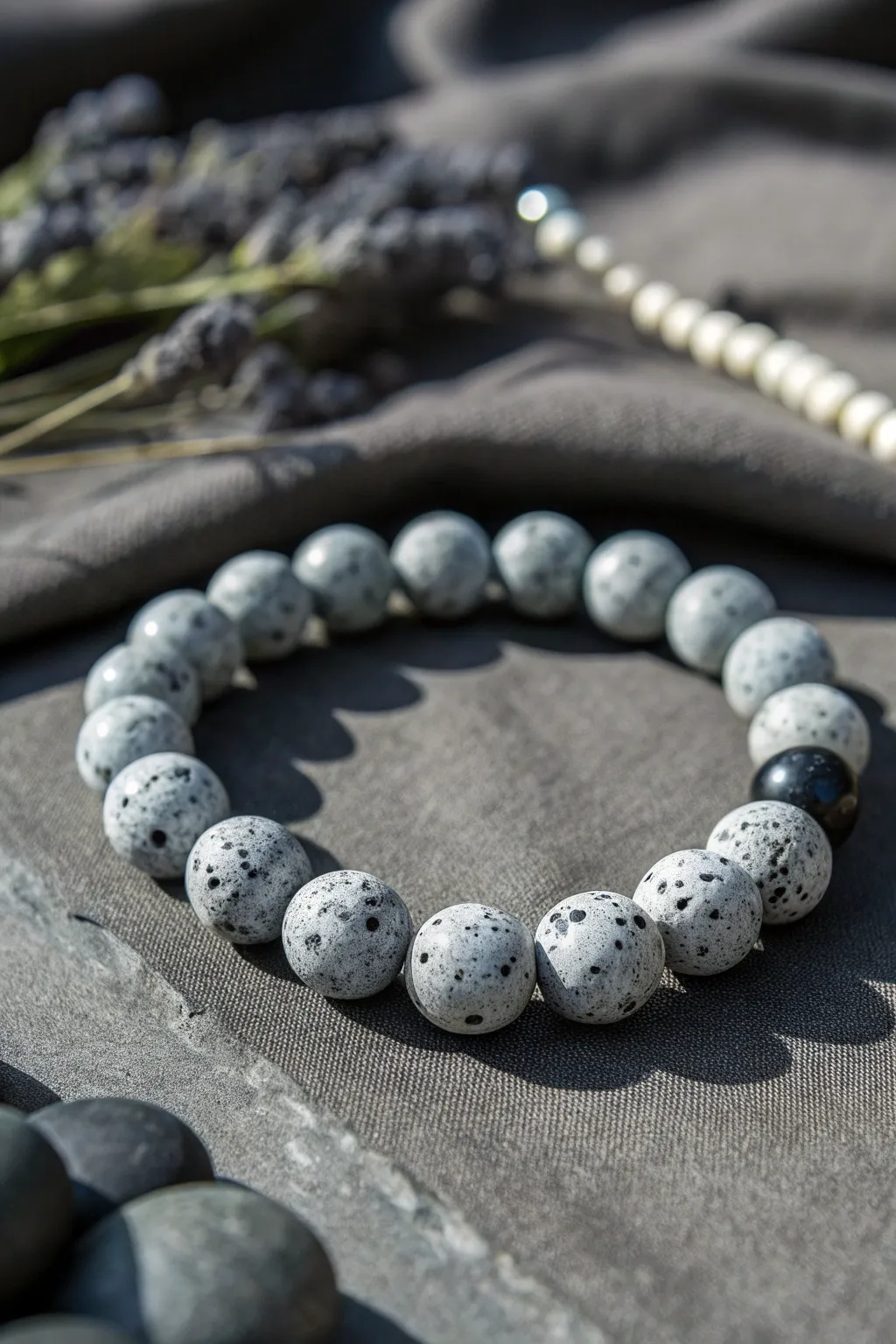 Speckled stone-look clay beads give this guys bracelet a rugged edge with minimalist style.