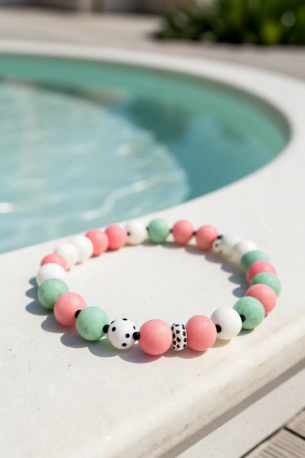 Watermelon clay bead bracelet in sunny poolside light, minimalist summer color pop