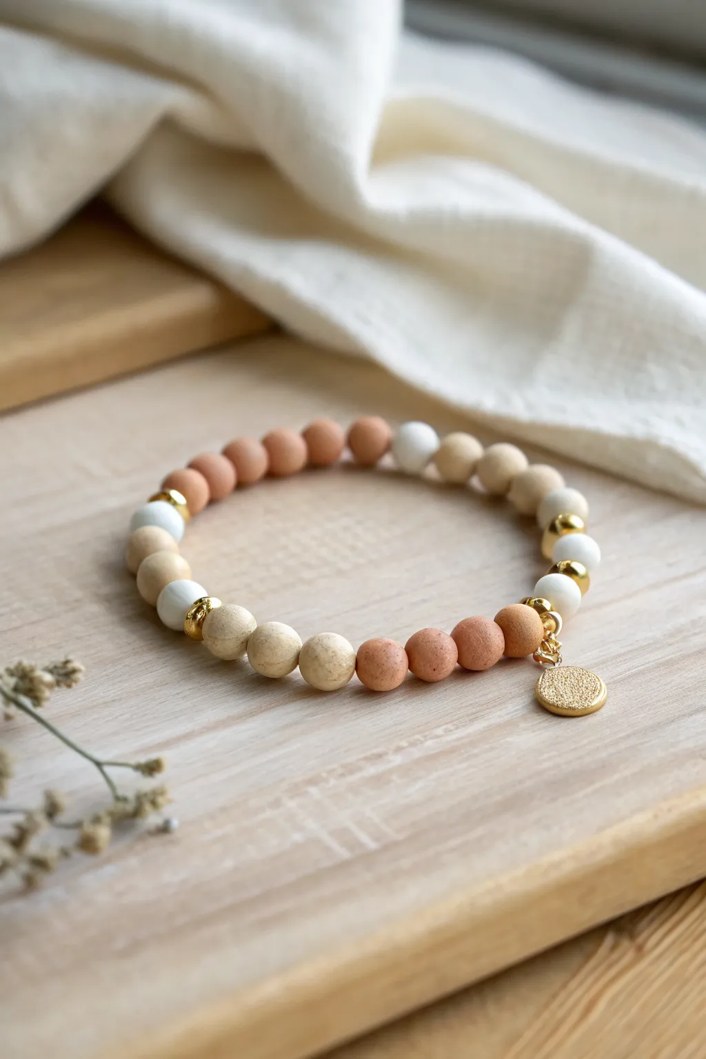 Off-center charm with a tiny spacer trail gives this clay bead bracelet stack an effortless, modern feel.