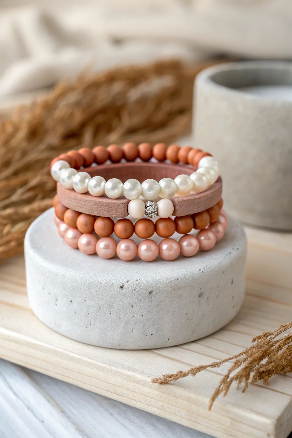 Stackable clay bead and pearl bracelet trio, from clay-heavy to pearl-heavy, softly styled
