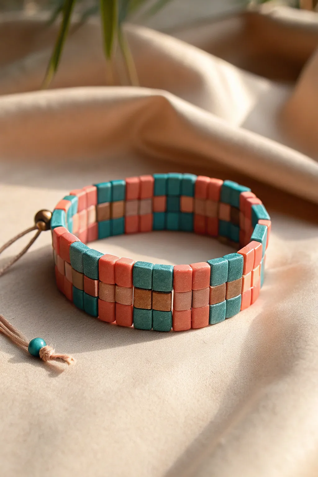 Bold teal and coral checkerboard clay beads for a modern bracelet look with zero white.