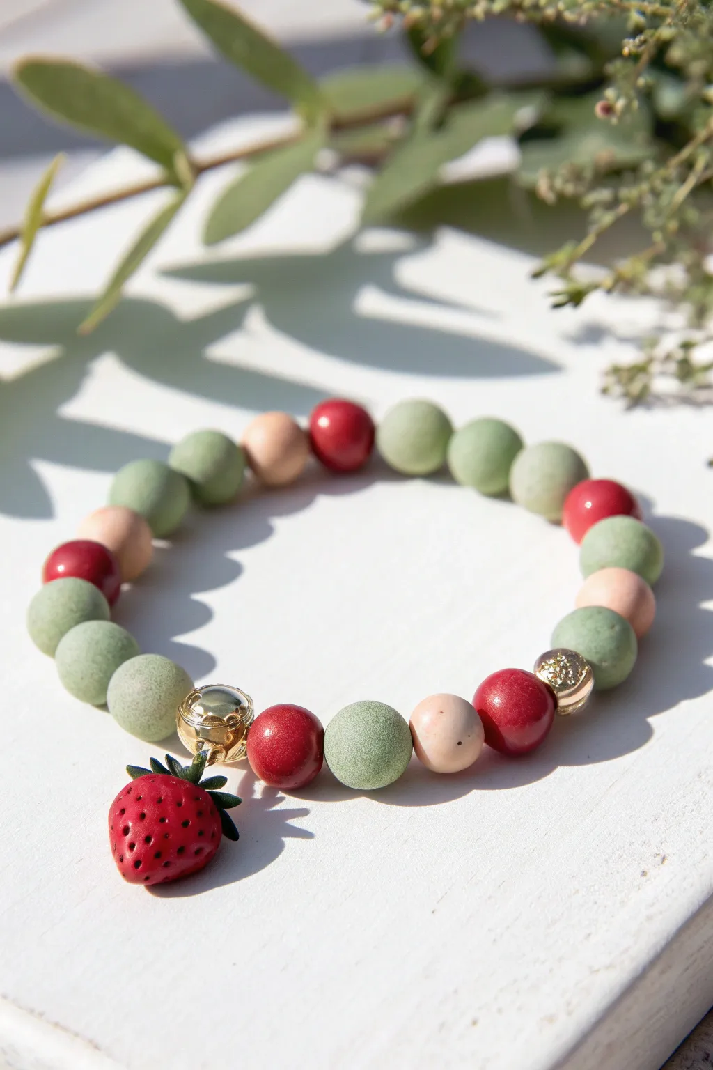 Berry charm bracelet with red and sage clay beads, a clean color frame and handmade feel