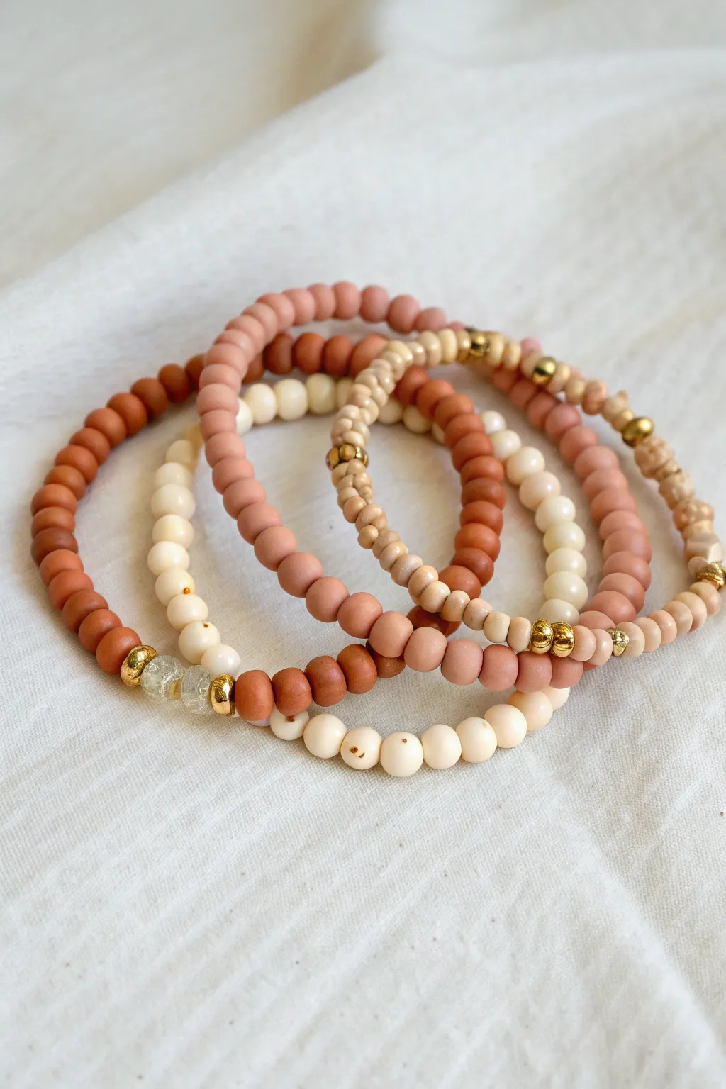 Soft ombre clay bead bracelet set in neutral blush tones for calm, minimalist stacking.
