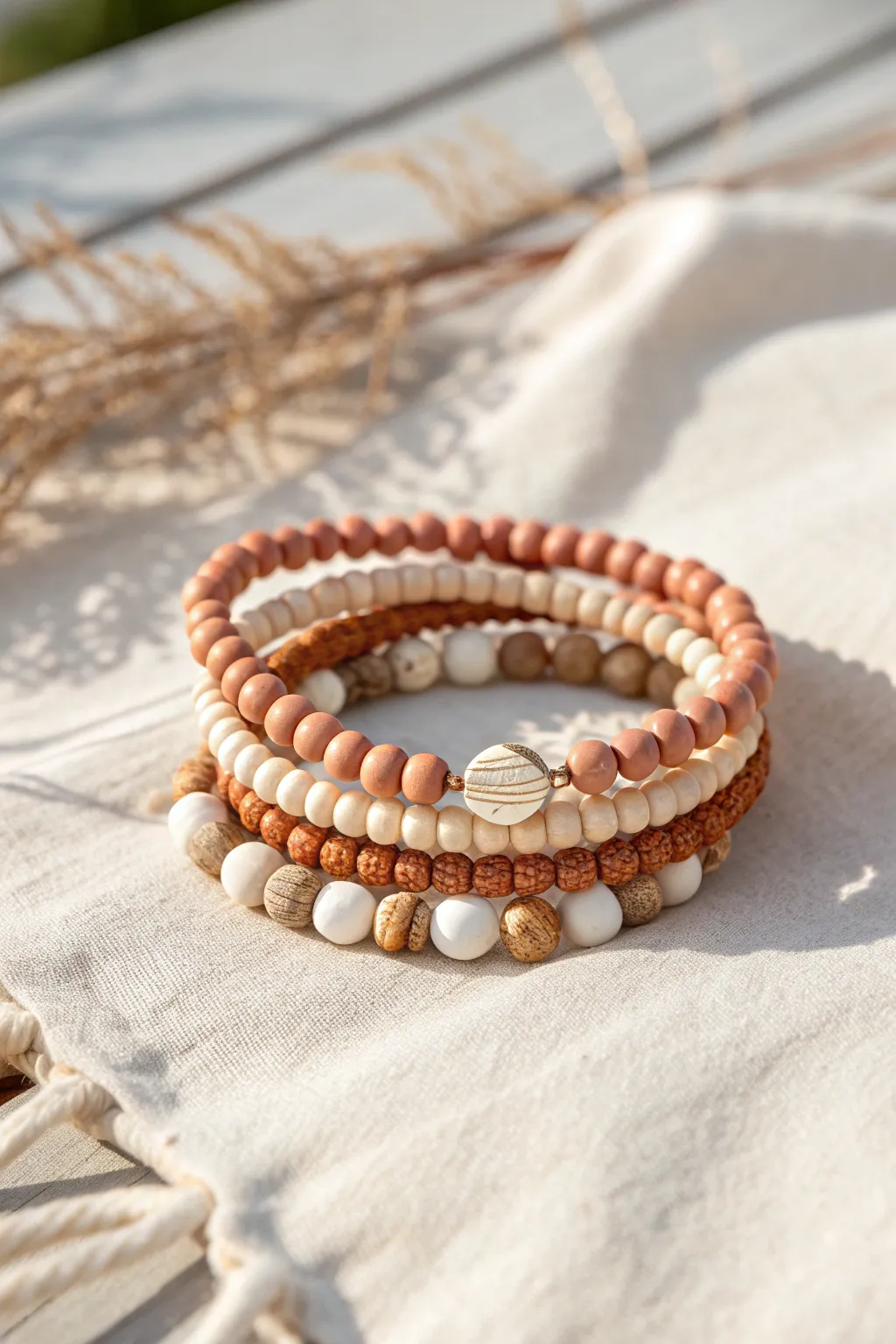 Beachy clay bead bracelet stack with a shell accent, sunlit on soft sandy linen backdrop.
