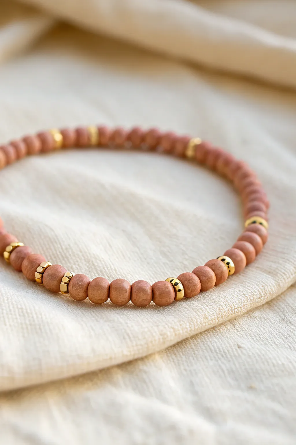 Gold spacer bead bracelet with a slim blush heishi stripe, minimal and handmade luxe.