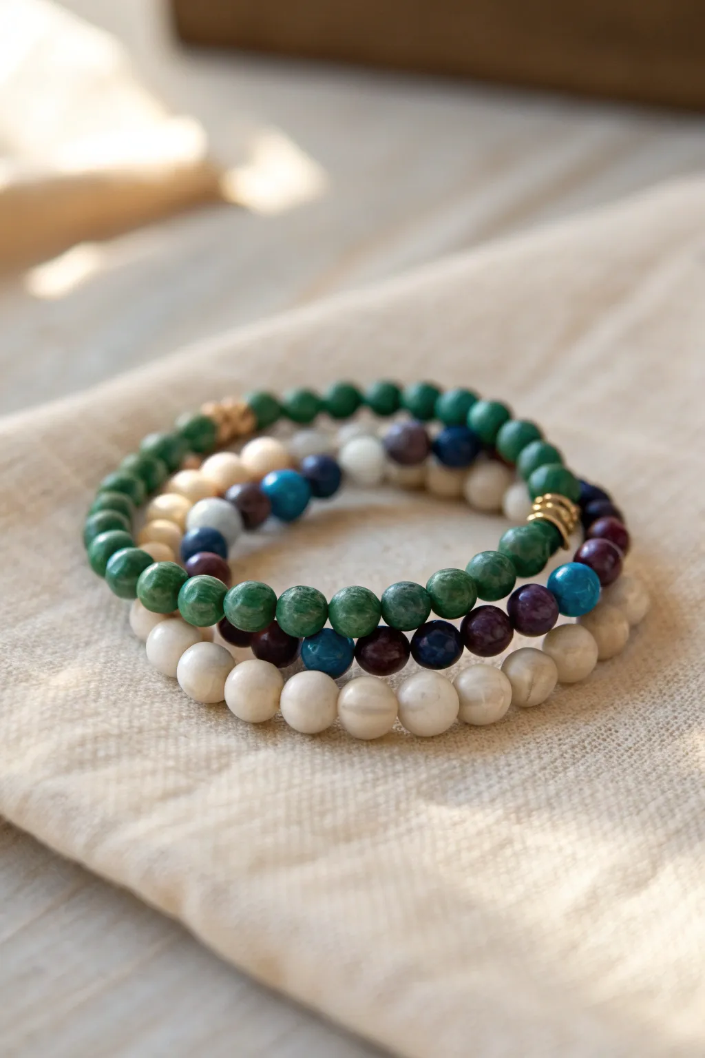 Jewel-tone clay bead bracelets balanced with creamy neutrals for a calm, elevated stack.
