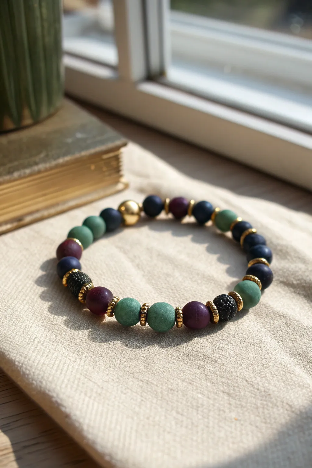 Moody jewel tone clay beads with subtle gold accents for a rich, dressy bracelet look.