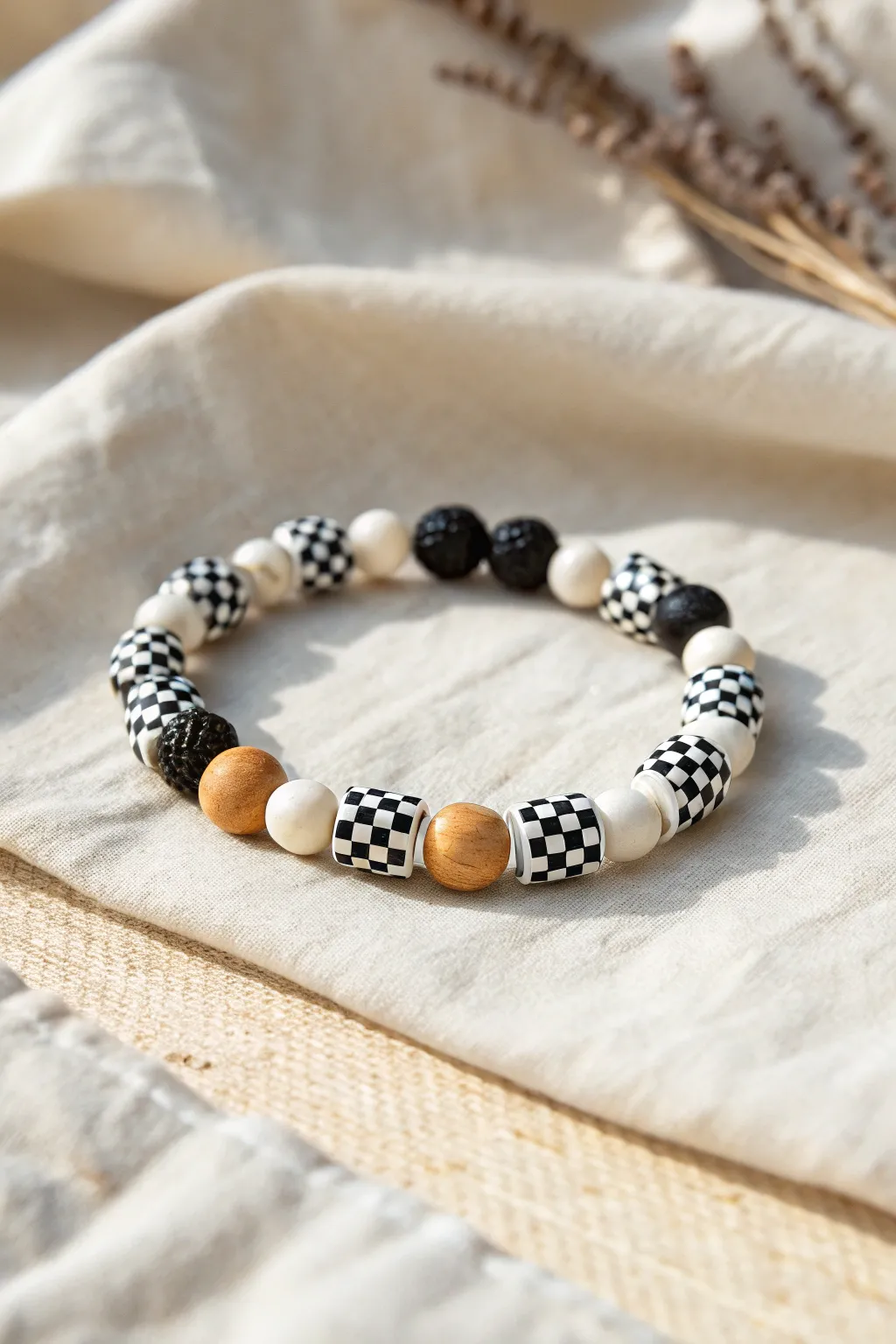Crisp checkerboard alternation makes this cute clay bead bracelet look instantly modern and handmade.
