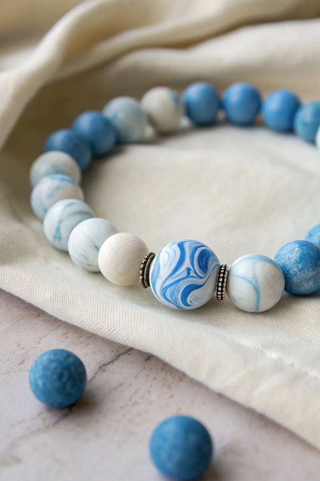 Marbled blue swirl focal bead bracelet with simple matte discs for a calm Nordic-boho look.