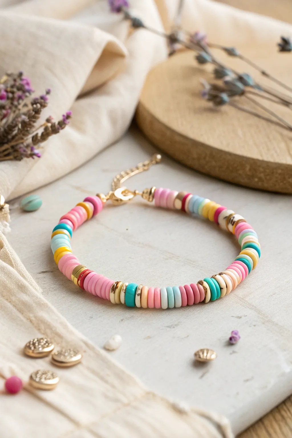 A confetti-scramble heishi bracelet: random color joy styled in soft linen, minimalist and handmade.