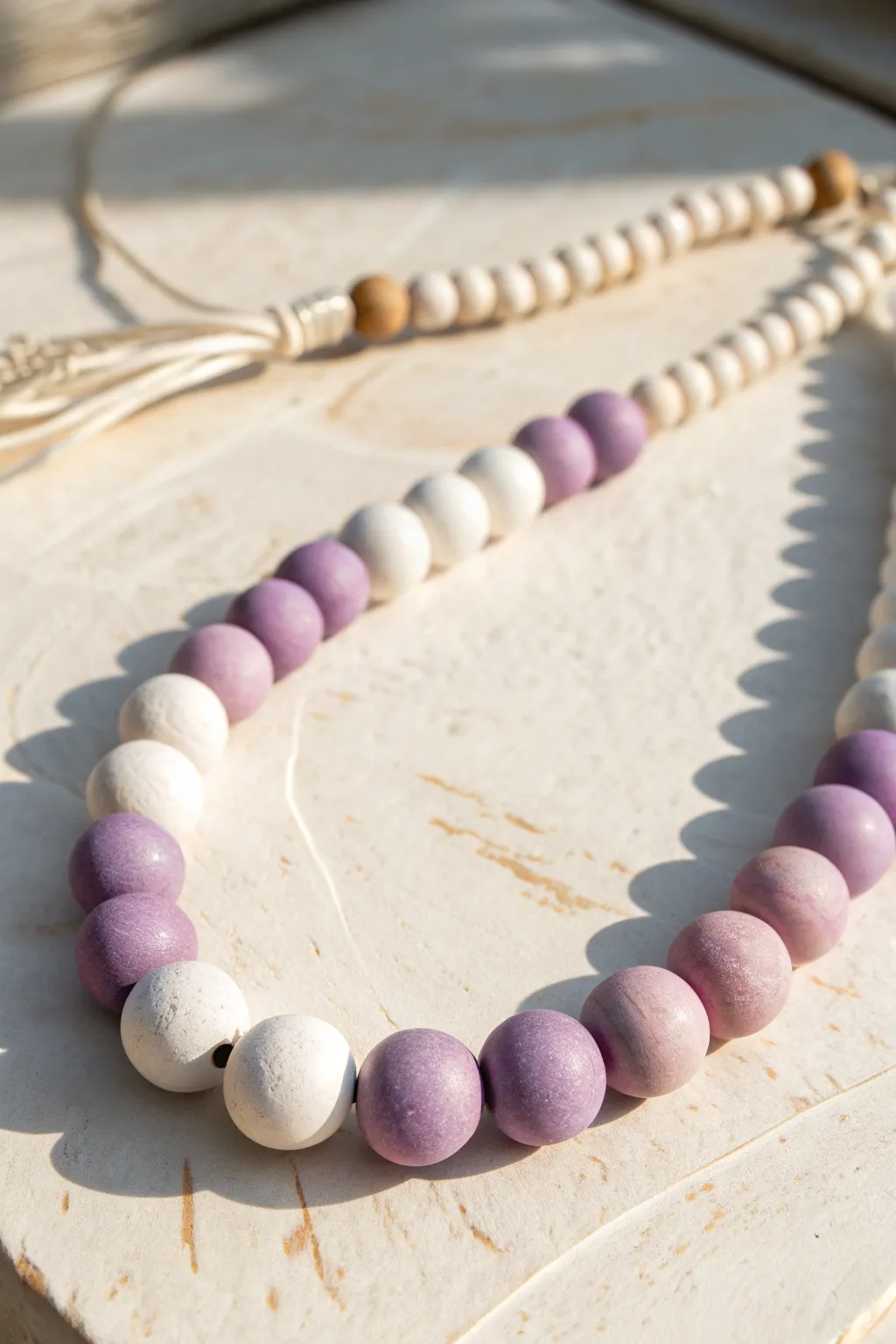 Soft lavender-to-white ombre clay bead necklace, minimalist and dreamy for everyday layering.