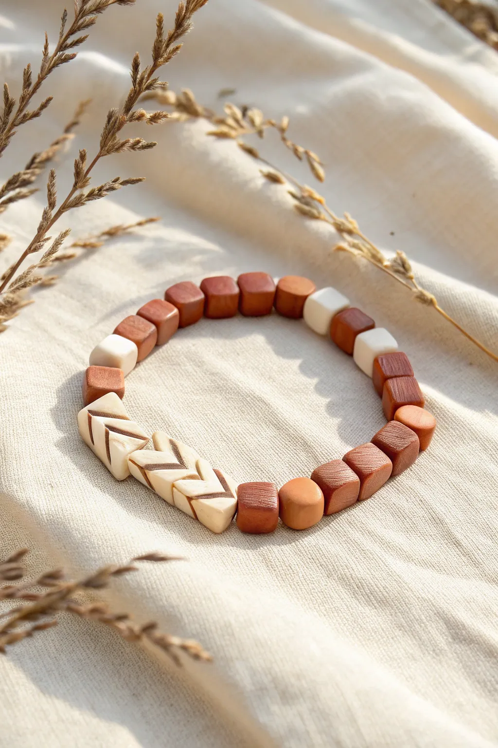 Chevron illusion bracelet with tapered clay blocks in two tones, minimal and boho clean.