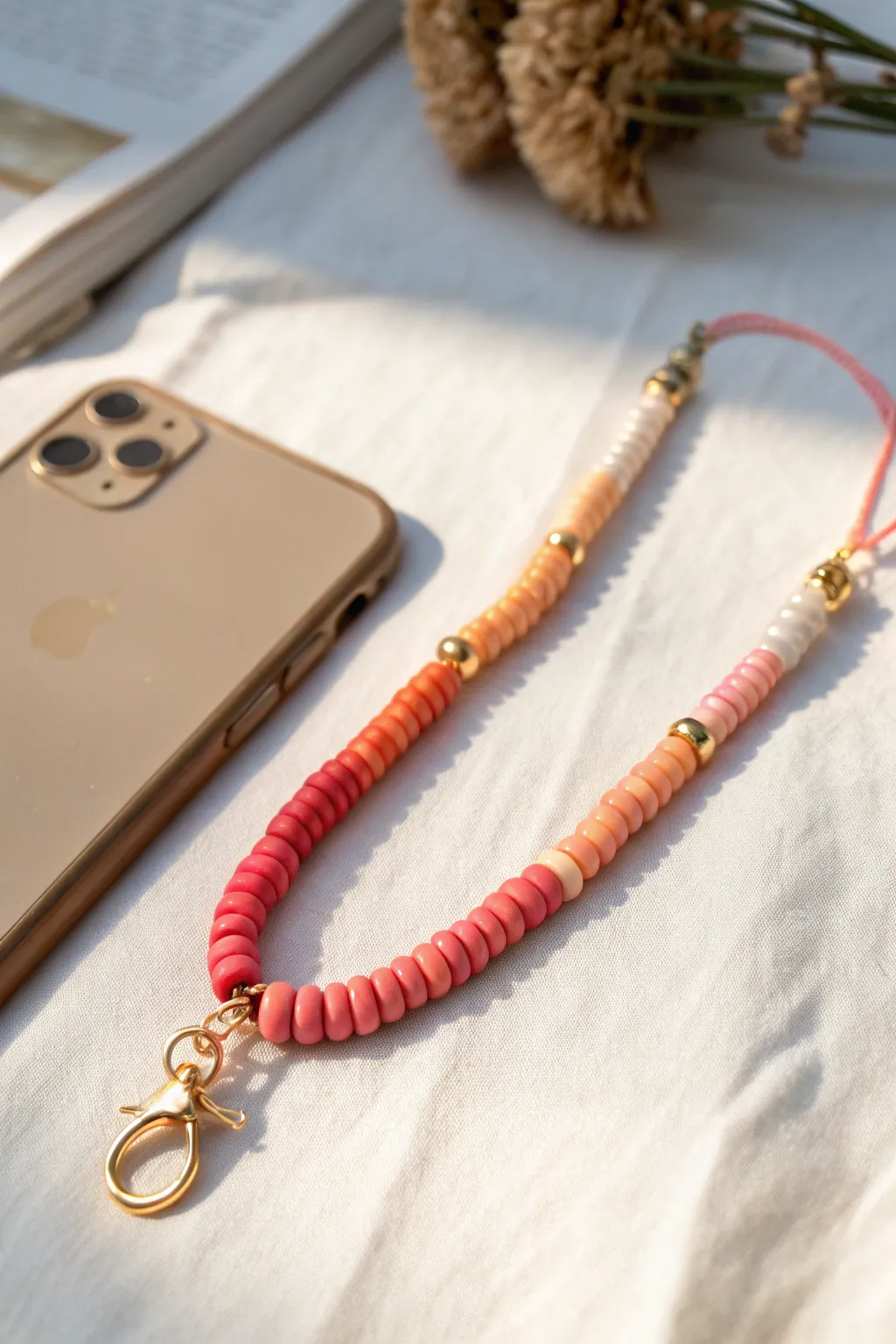 Sunset ombre heishi phone charm in peach, coral, and pink for a warm minimalist look
