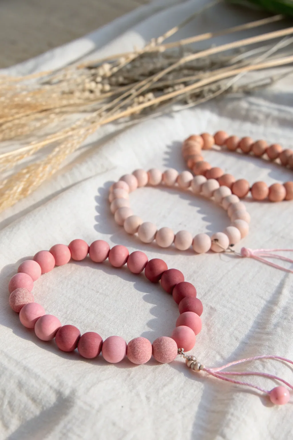 Soft pink ombré clay bead bracelets, shifting from deep rose to blush in a calm minimal look.