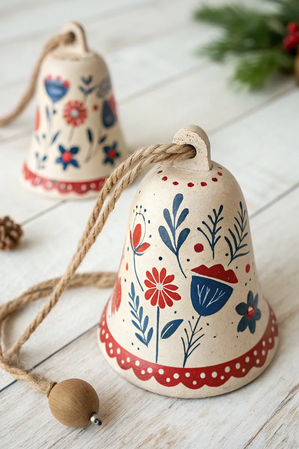 Painted folk floral clay bell in bold colors, minimal boho styling, perfect cheerful wall decor.