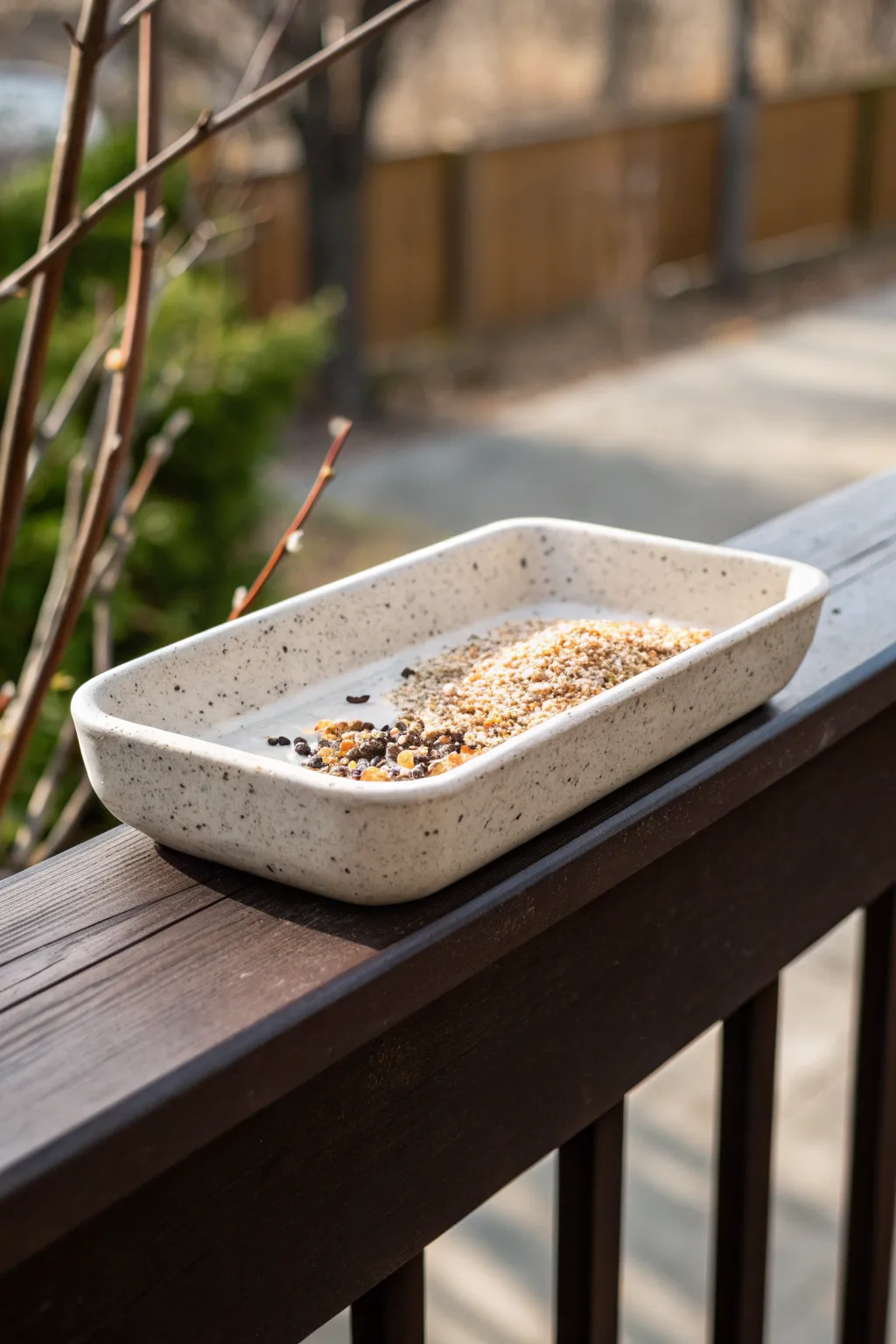 Minimal speckled stoneware tray feeder, a simple DIY clay idea for balcony birds.