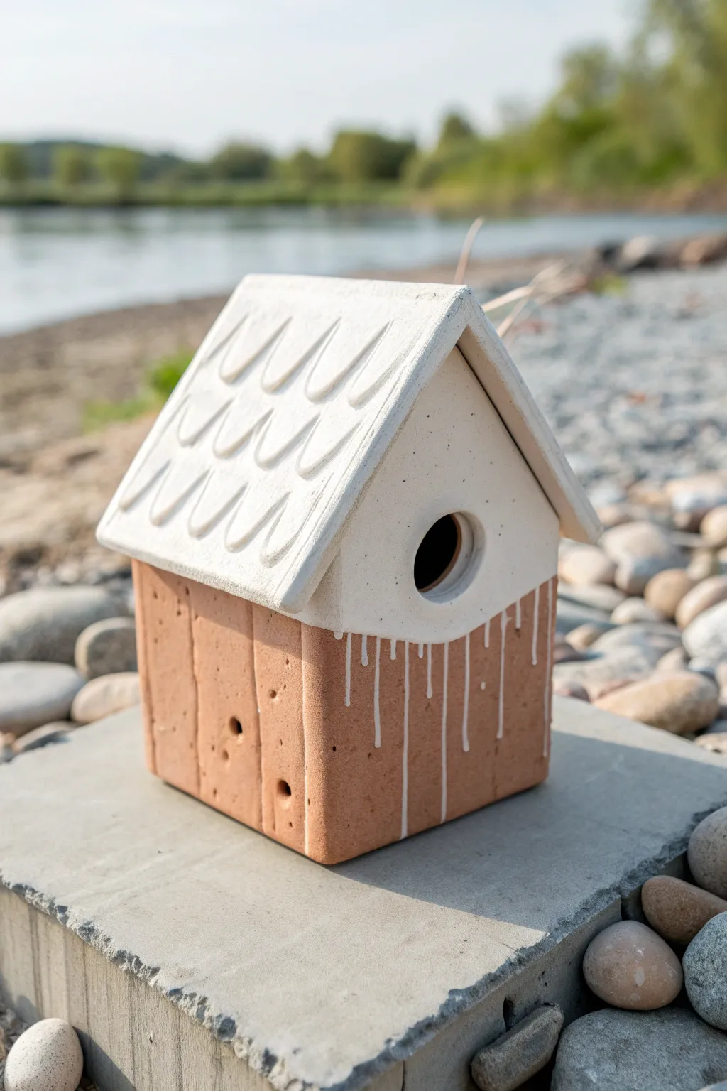 Minimal two-tone drip glaze birdhouse with matte clay base and glossy drips, styled on stone