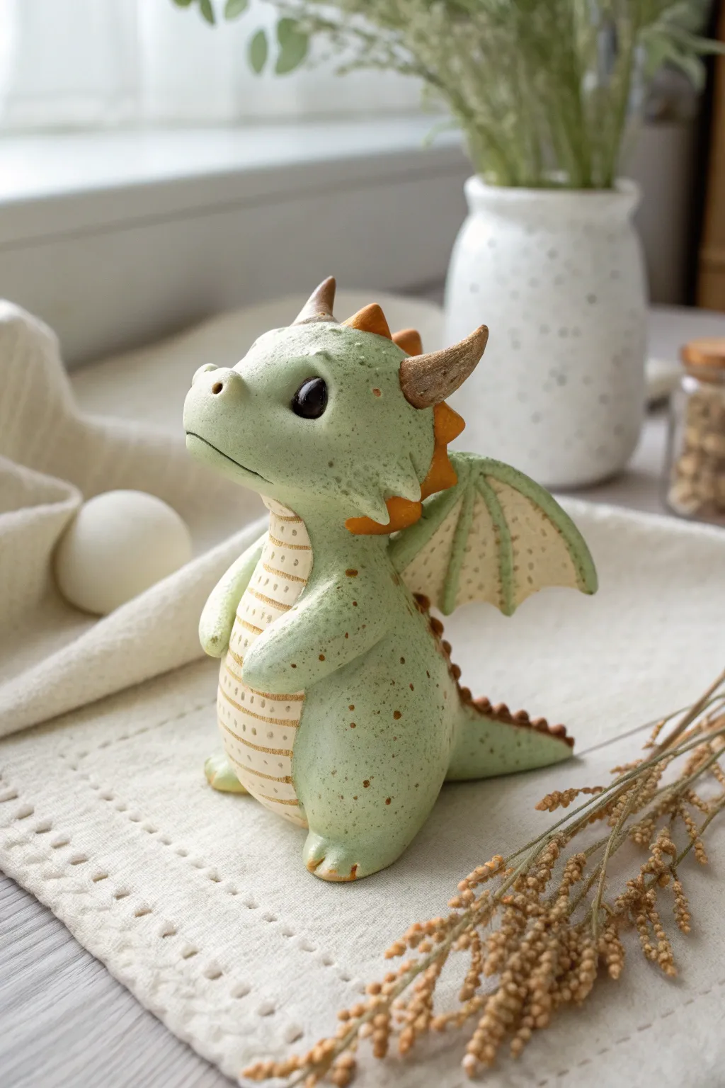 A sweet two-tone baby dragon bobblehead with a big head and tiny wings, minimalist and cozy.