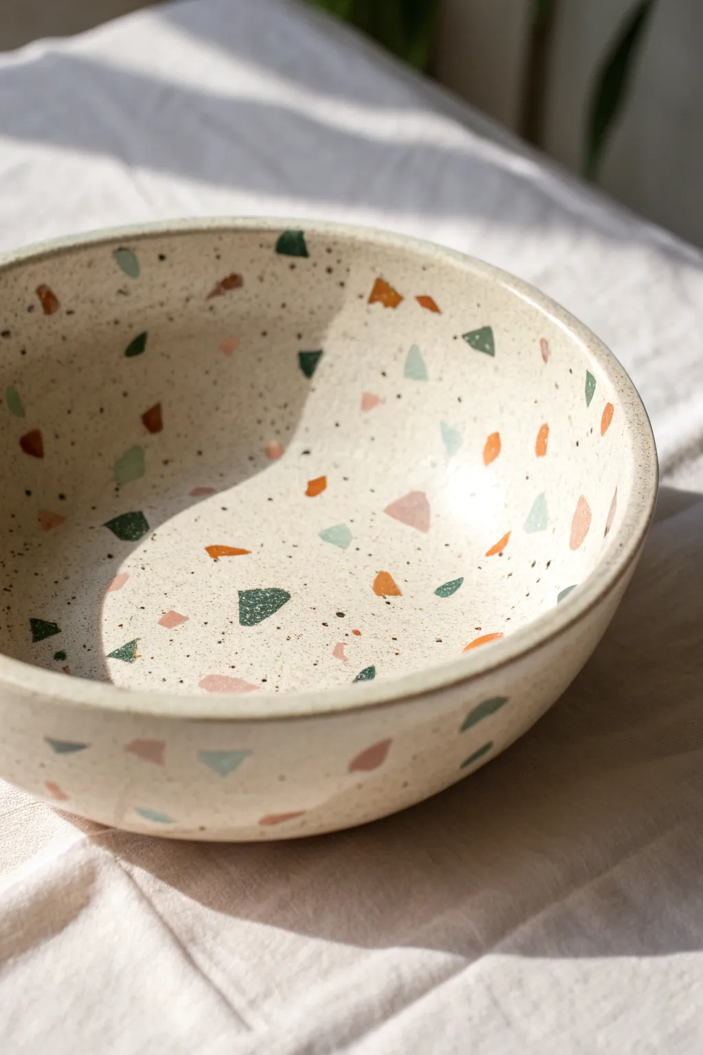 Fresh terrazzo confetti bowl idea with soft pastel flecks on a clean ivory base