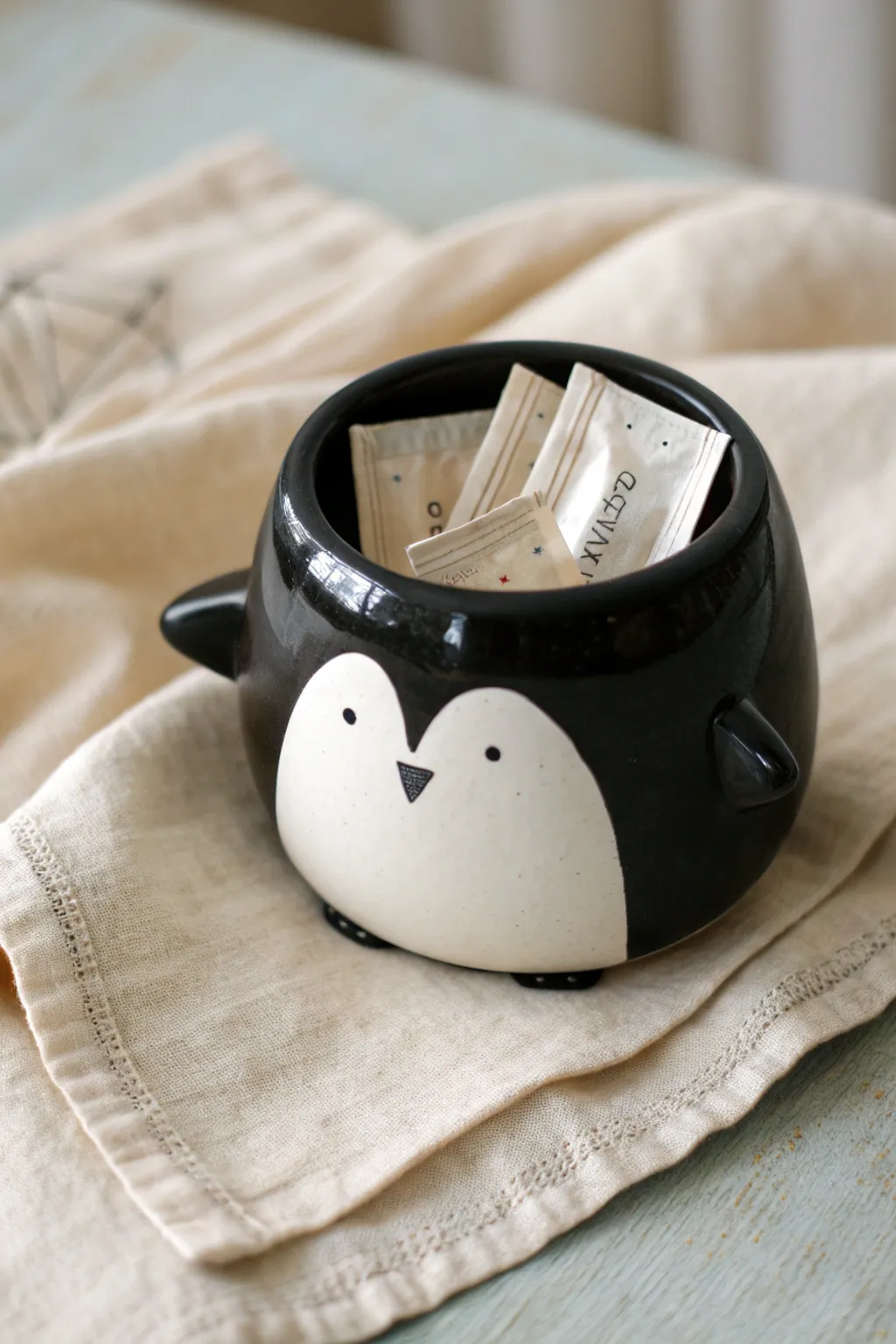 Chic penguin bowl with tuxedo belly, holding tea sachets for a cozy minimalist nook.
