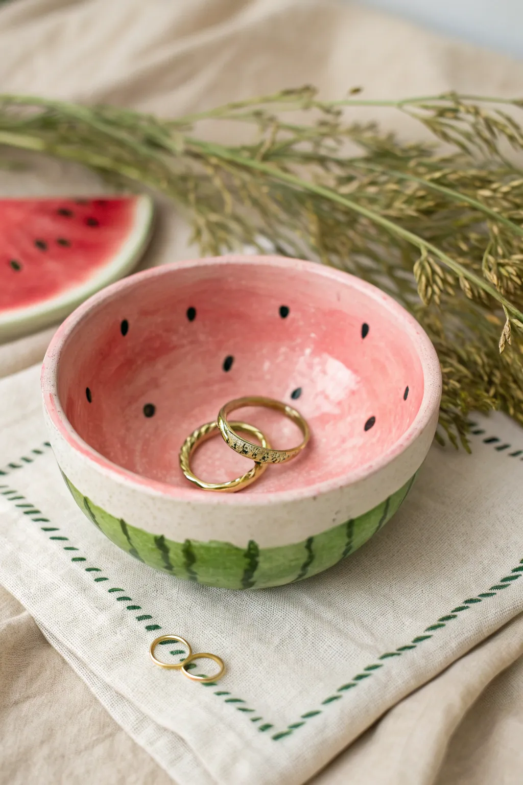 Watermelon-inspired clay trinket bowl with pink glaze, rind stripes, and a few rings inside