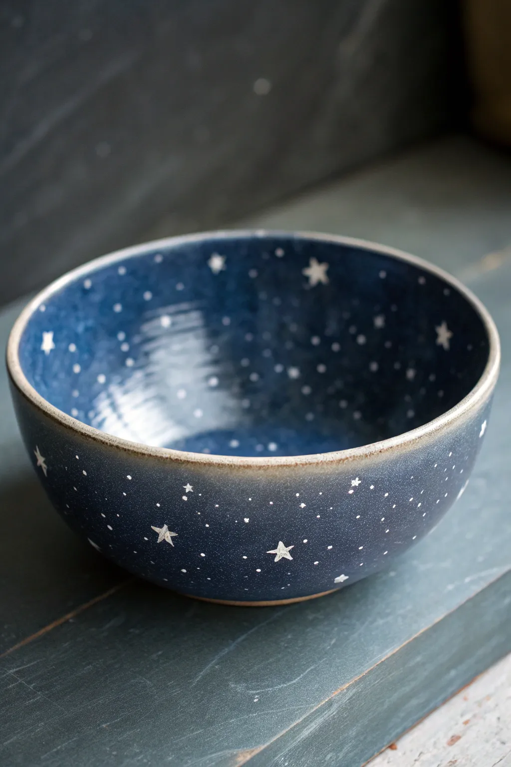 Night sky speckles and a soft indigo gradient turn this painted bowl into a cozy celestial accent.