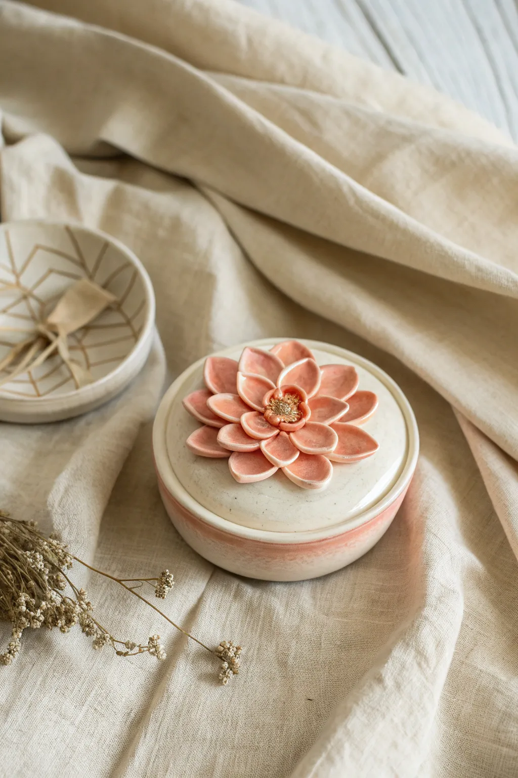 Minimal clay box with a layered flower-bloom lid, bright glaze, and soft Scandinavian contrast