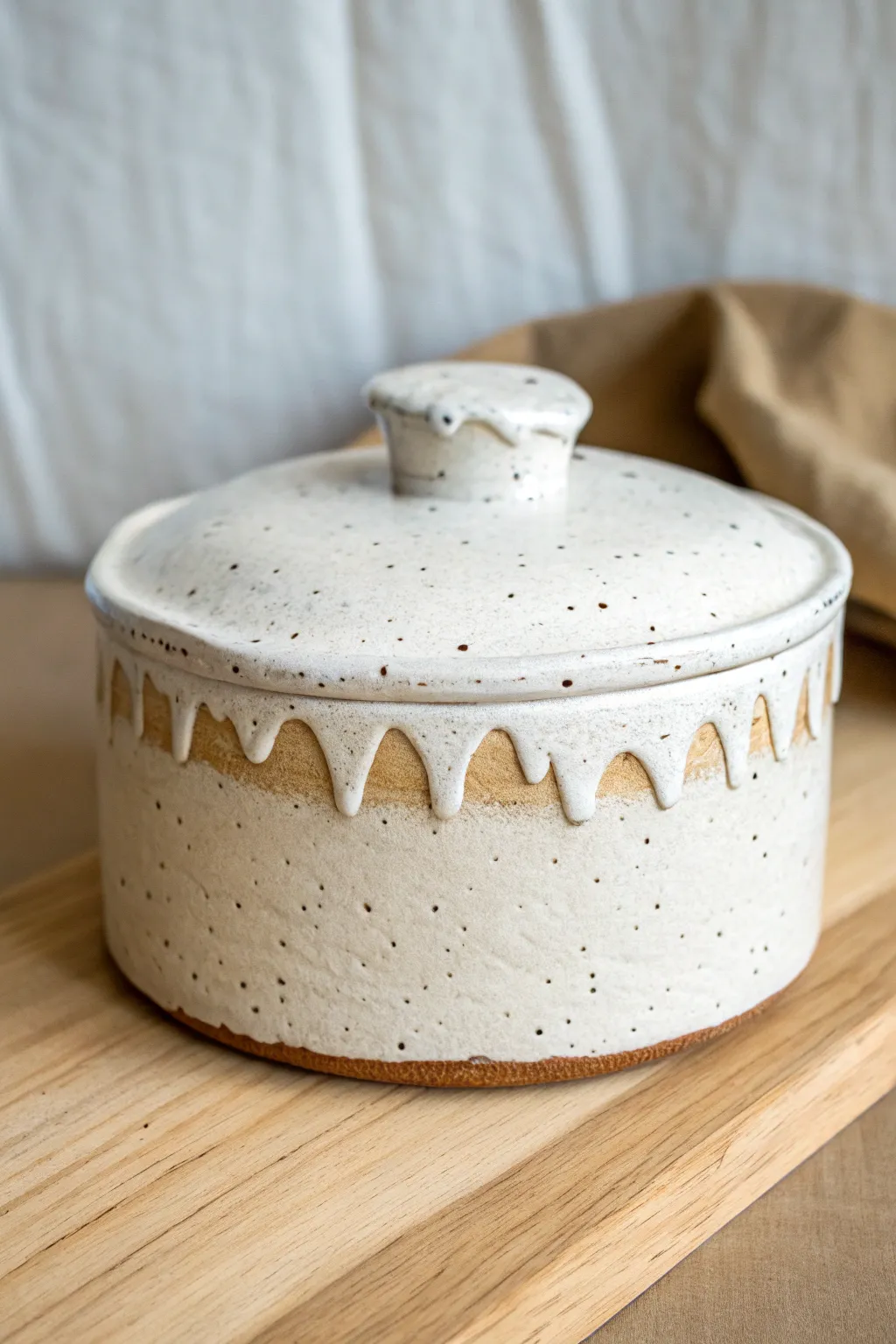Cake-slice clay box with a drippy frosting lid, minimalist and sweet for tiny treasures.