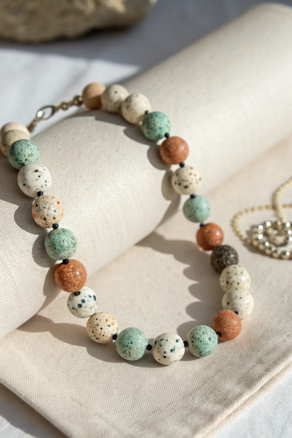 Neutral terrazzo polymer clay bead bracelet with muted speckles, minimalist and boho-chic.