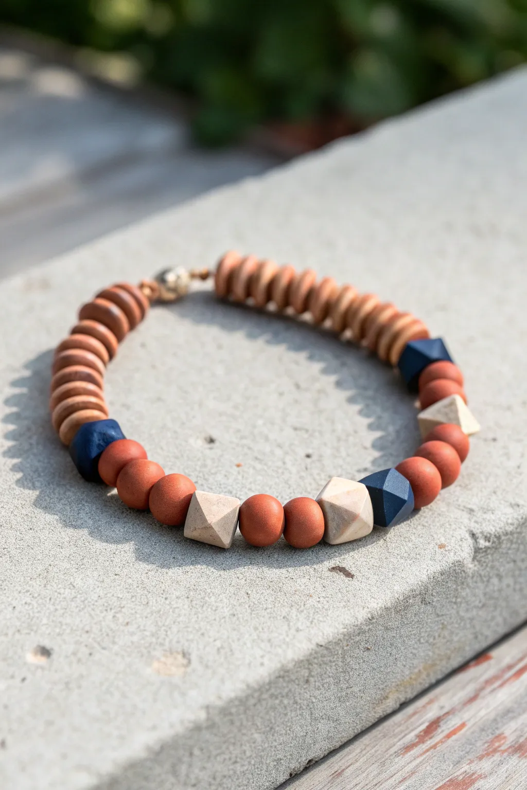 Minimal clay disc bracelet with triangle beads for a bold geometric statement boys can wear