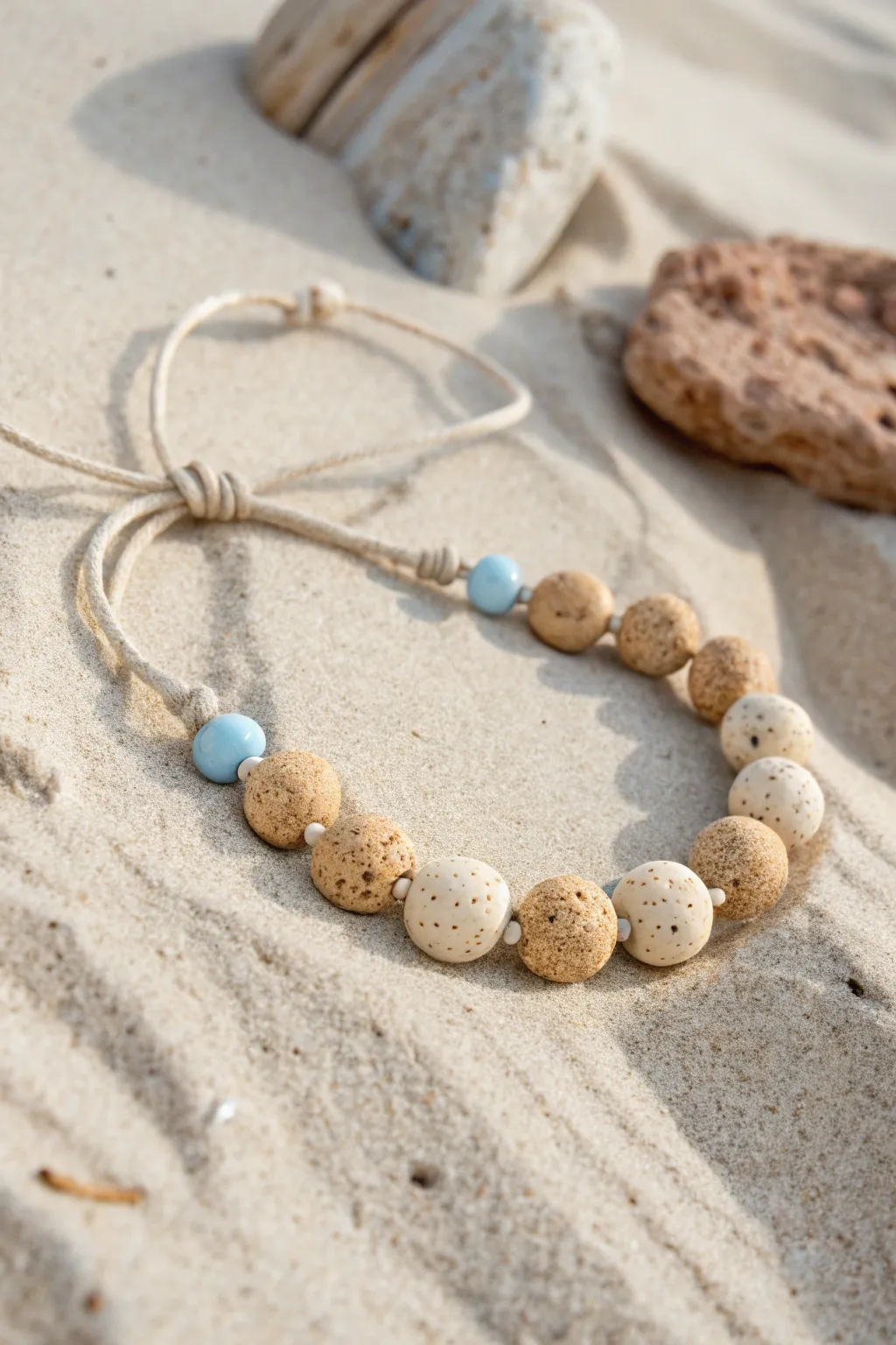 Speckled clay disc bracelet with soft blue accents on sandy textures for coastal summer calm