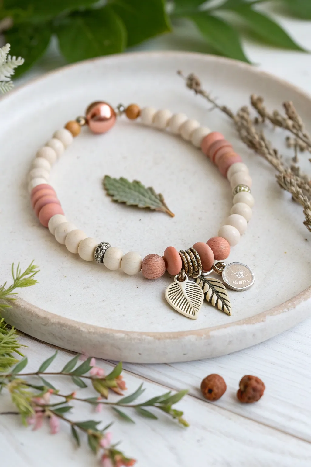 Minimal clay disc bracelet with a sweet mini charm cluster for an effortless boho touch.