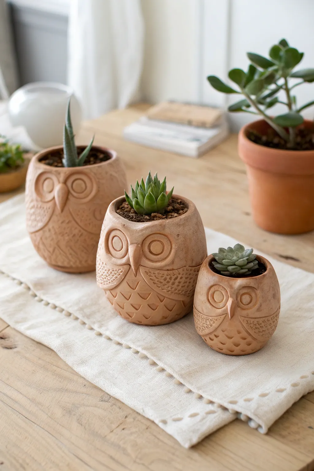 A pinch-pot owl planter family in warm terracotta, minimalist styling, and soft boho charm