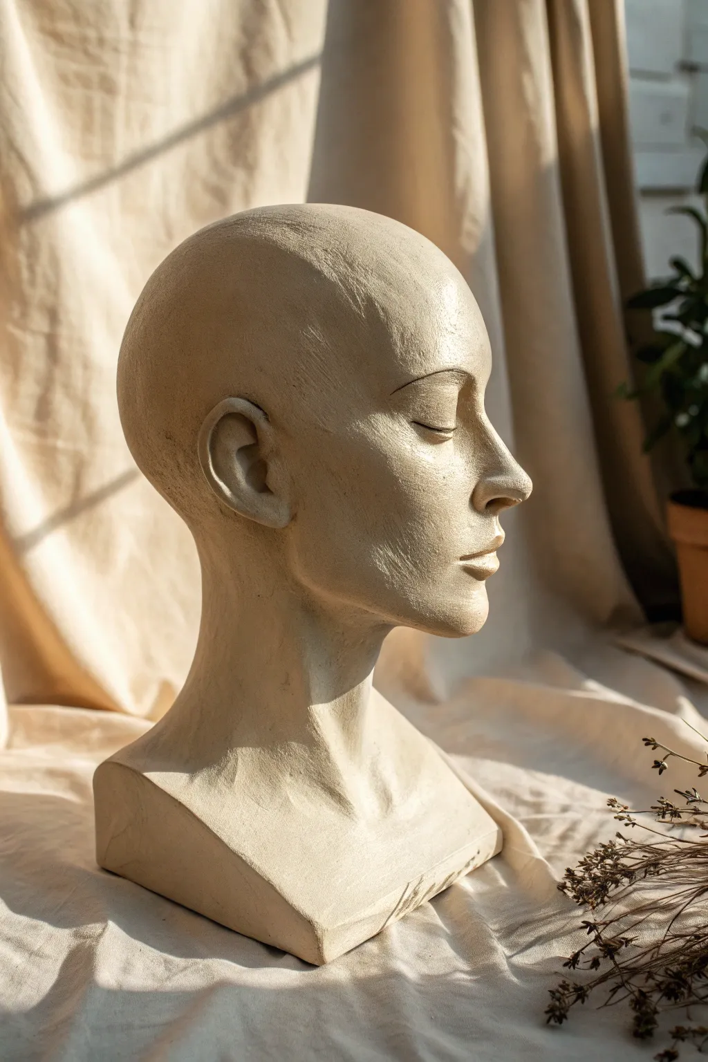 Minimal clay bust with bold contour lines for a clean, graphic study of facial planes