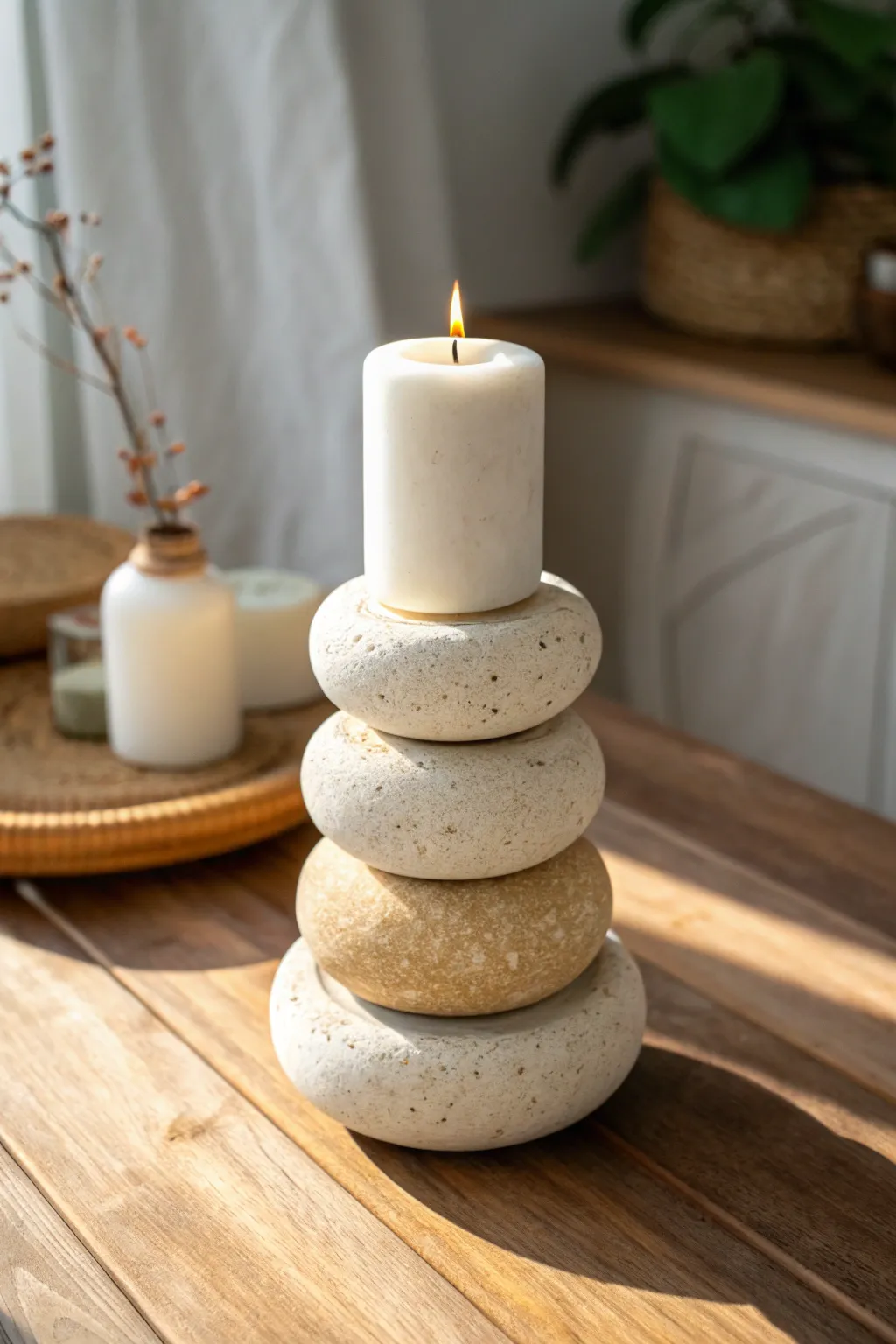 Stacked pebble clay candle holder with a short pillar candle, minimalist and softly boho